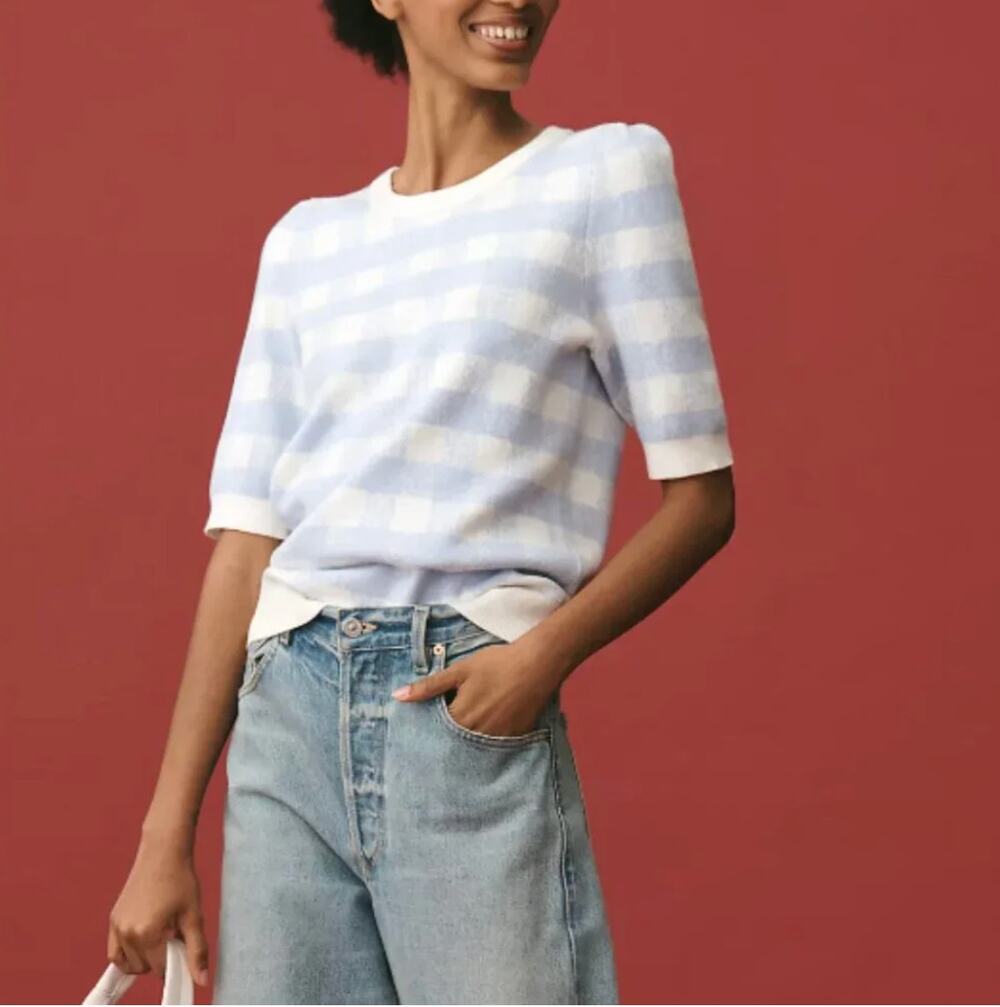 MAEVE Harmon Gingham Short Sleeve Jacquard Sweater Sky Blue gingham Extra Large